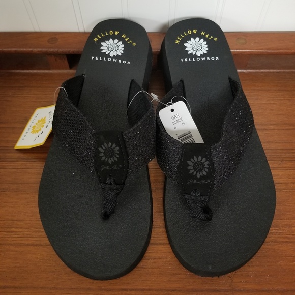 yellow box yoga mat flip flops